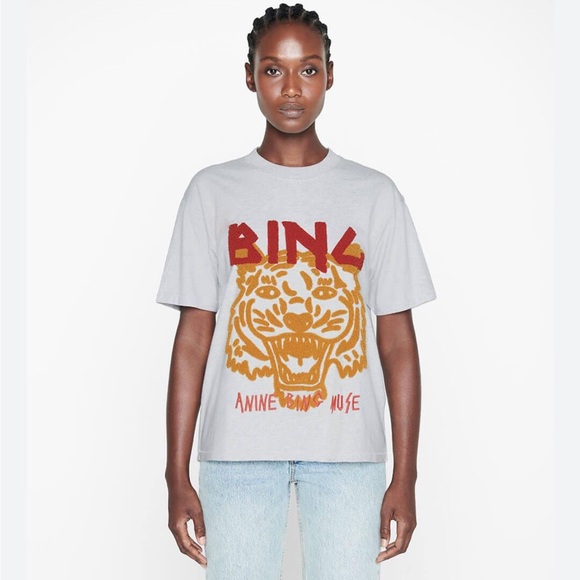 Anine Bing Tops - ANINE BING Grey Chenille Graphic Tiger Tee Muse T-shirt XS